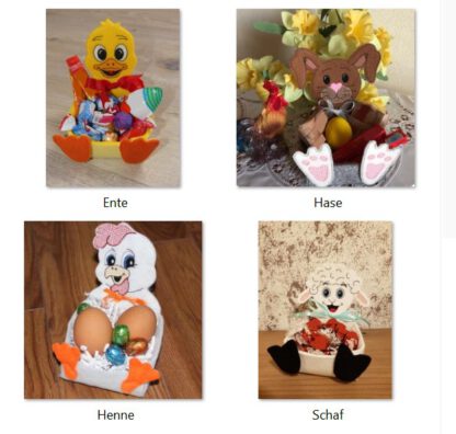 4 Naschboxen Ostern (Henne, Ente, Schaf und Hase)